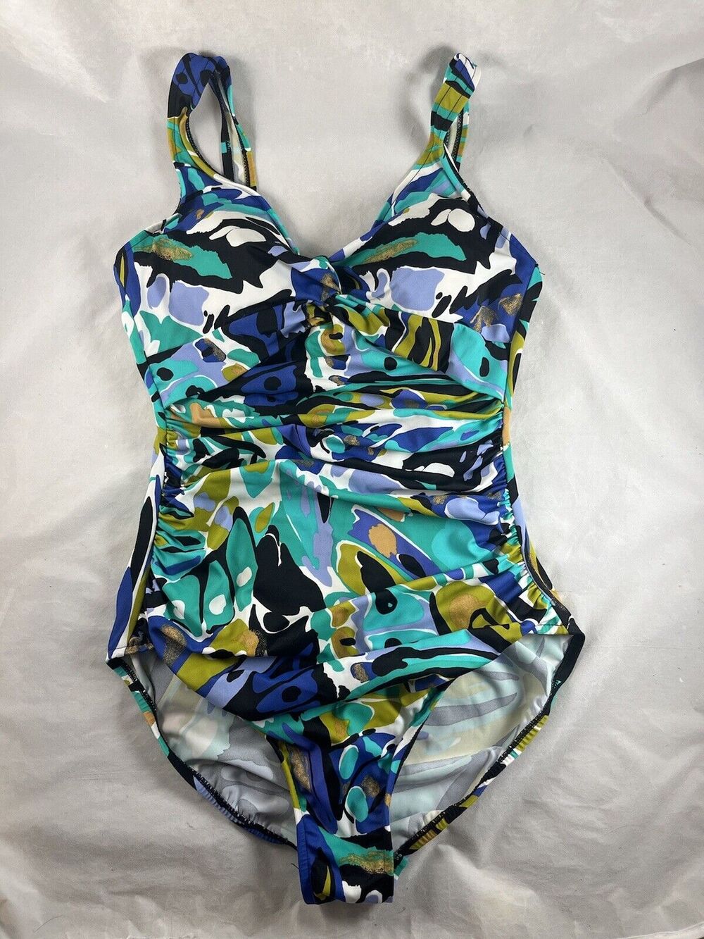 Abstract Multicolor Print One Piece Swimsuit Ruched Sides Twisted Bodice Size 14